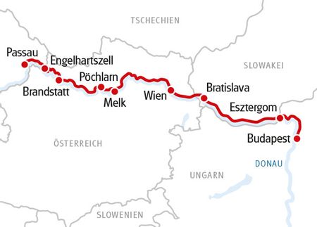 Karte Rad und Schiff Passau - Budapest - Passau